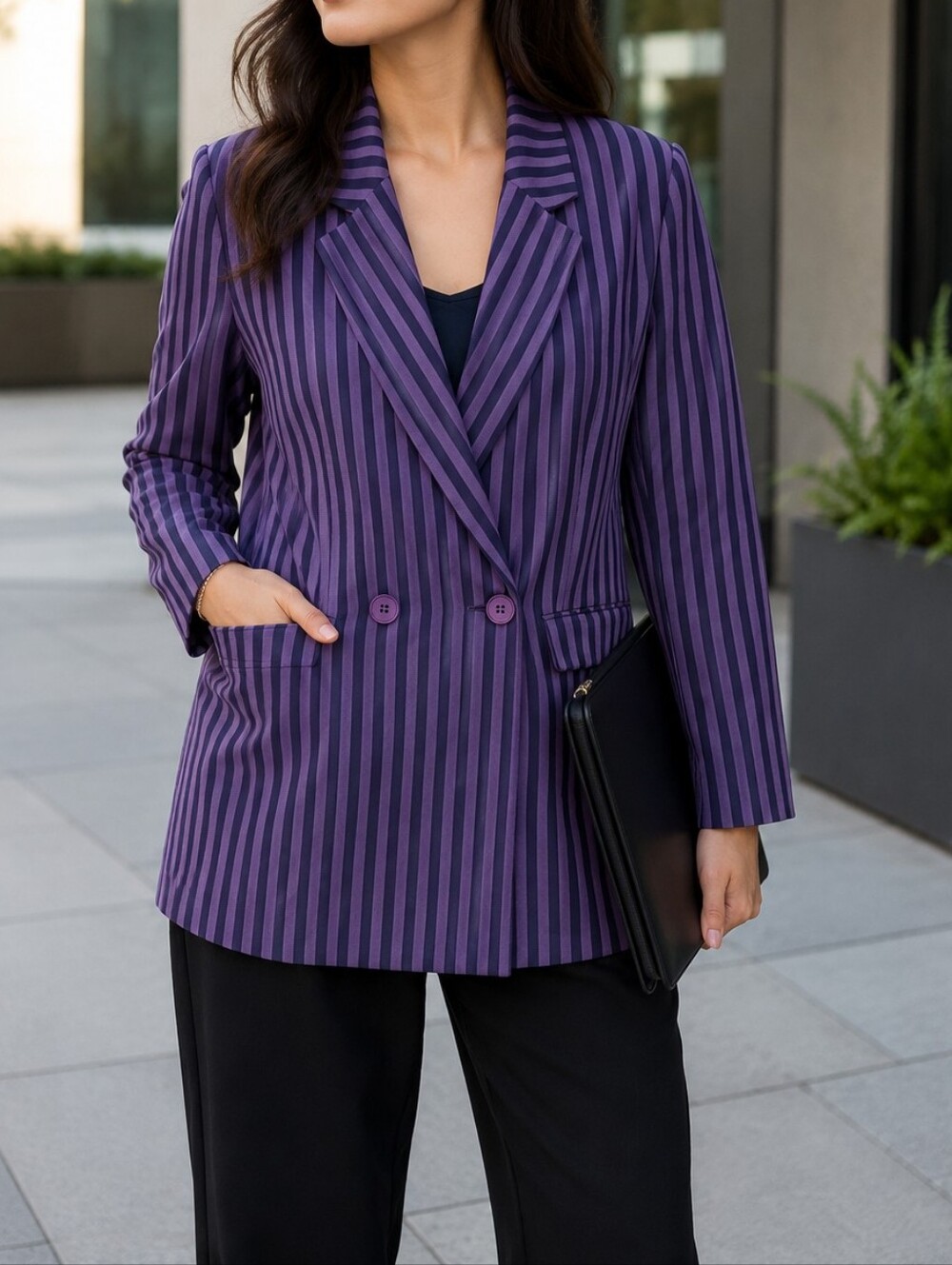 NWT ICHI Purple Stripe Double-Breasted Blazer Lightweight Tailored Career Office